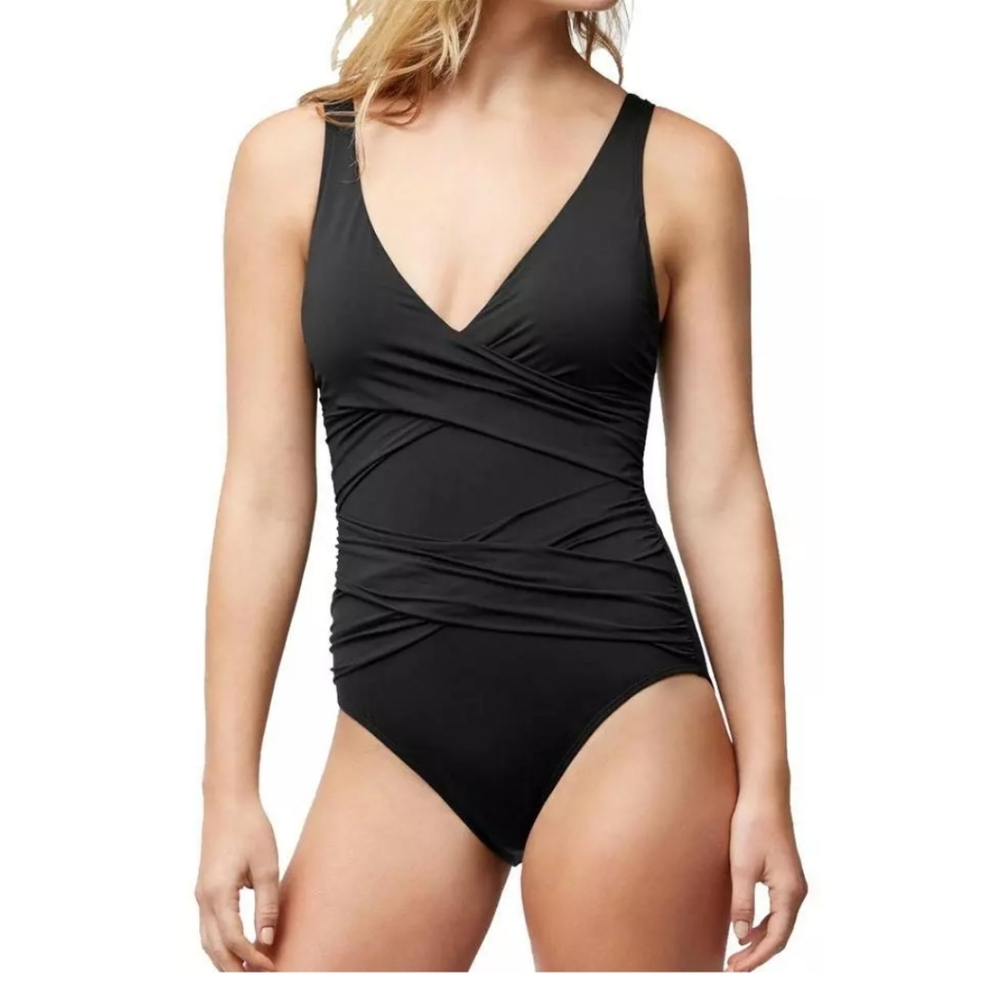 Tommy Bahama Pearl Wrap-Front One Piece Swimsuit in Black